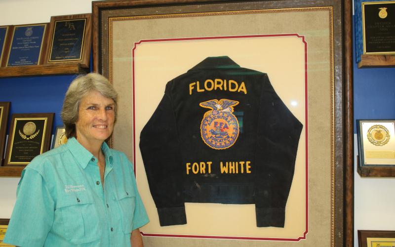 Fort White High School FFA advisor and agri-science teacher Jill Huesman is retiring after two-plus decades of leading the program at Fort White. Her impact is sown in the hundreds of trophies and plaques that adorn the walls in her classroom. (TONY BRITT/Lake City Reporter)