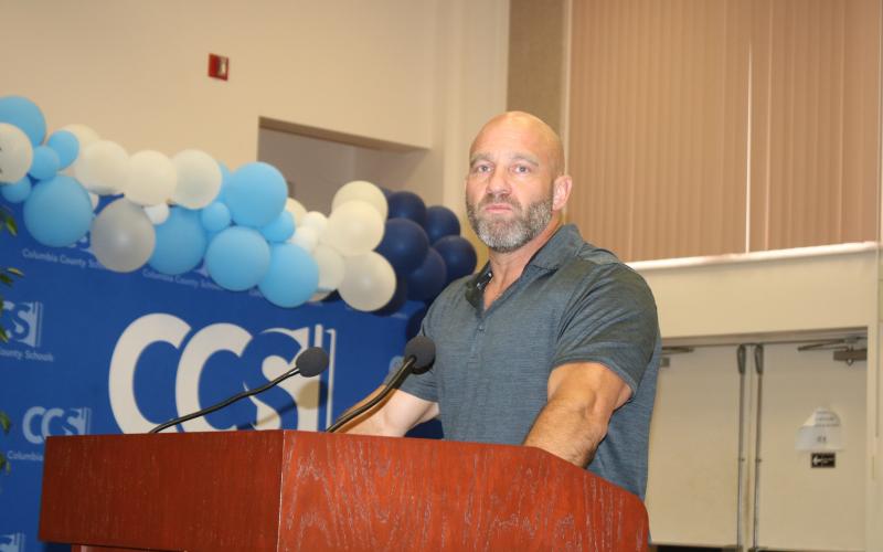 Steven Hill, a former security guard at Fort White High School, addressed the Columbia County School Board on Tuesday about his resignation. Hill said he was forced to resign because of ‘false allegations, rumors, lies and gossip.’ (TONY BRITT/Lake City Reporter)