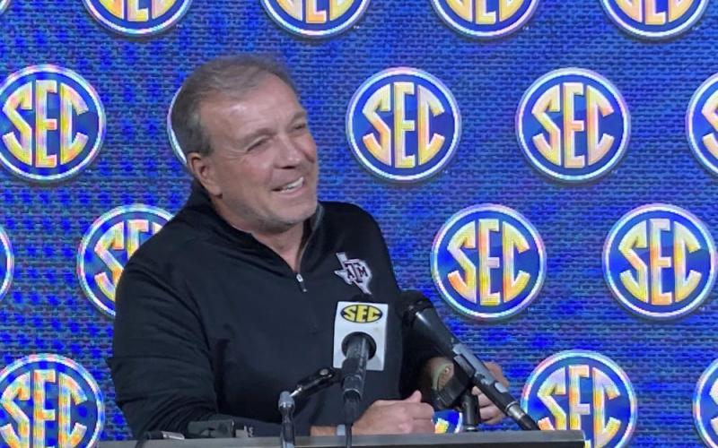 Texas A&amp;M coach Jimbo Fisher speaks during the SEC spring meetings on Wednesday in Destin. (RALPH D. RUSSO/Associated Press)