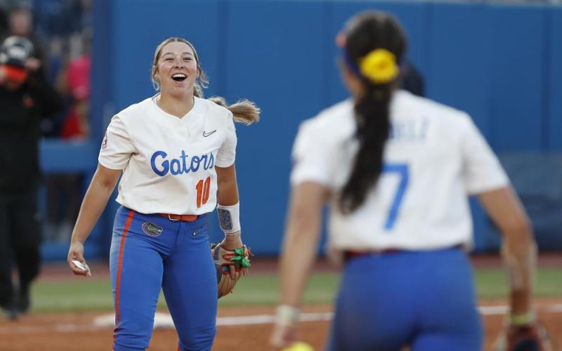 Florida’s Natalie Lugo (10) celebrates after the final out against Oregon State in the Women’s College World Series on Thursday in Oklahoma City. (ALONZO ADAMS/Associated Press)
