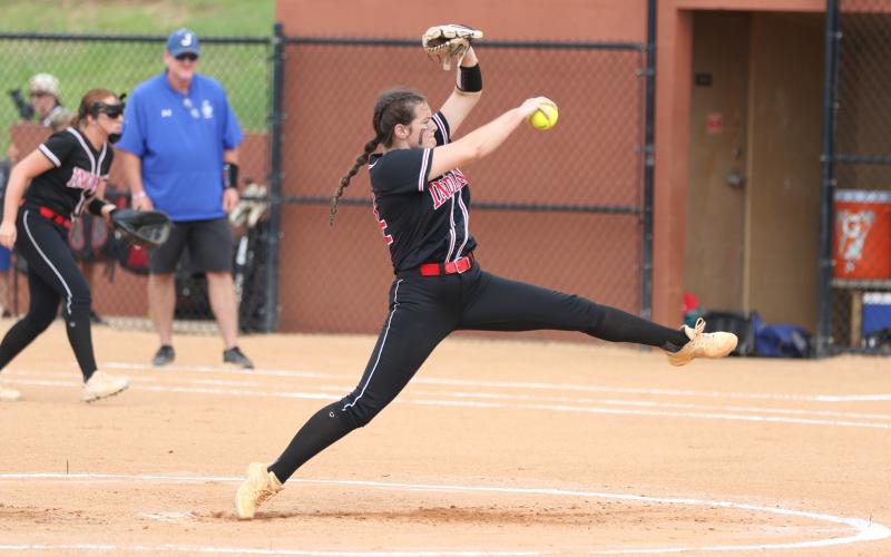 Fort White pitcher Kadence Compton throws against Jay during the Class 1A state championship at Legend Way Ballfields on May 25 in Clermont. (MORGAN MCMULLEN/Lake City Reporter)