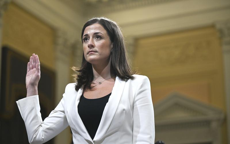 Cassidy Hutchinson, a top former aide to Trump White House Chief of Staff Mark Meadows, is sworn-in as she testifies during the sixth hearing by the House Select Committee on the Jan. 6 insurrection on Tuesday in Washington, DC. (BRANDON BELL/Getty Images/TNS)