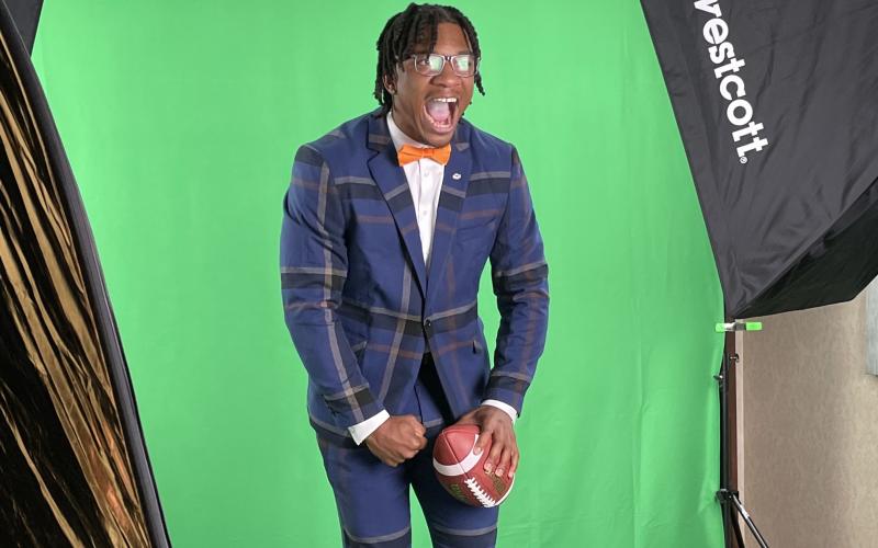 Florida Gators quarterback Anthony Richardson poses for a hologram GIF at SEC Media Days on Wednesday in Atlanta. (EDGAR THOMPSON/Orlando Sentinel/TNS)