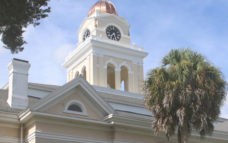 The bell tower was installed back in place atop the Lafayette County Courthouse in Mayo on Wednesday afternoon. (JAMIE WACHTER/Lake City Reporter)