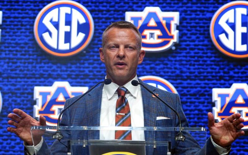 Auburn head coach Bryan Harsin speaks during SEC Media Days on Thursday in Atlanta. (JOHN BAZEMORE/Associated Press)
