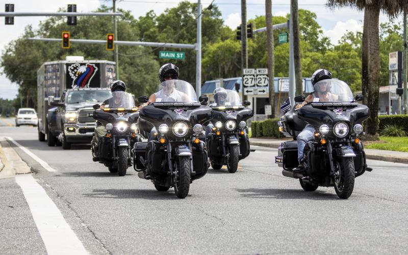 Motorcycle riders with the End of Watch Ride to Remember roll into Mayo on Saturday for a stop on the 79-day journey to honor Lafayette County Sheriff’s Office Lt. Lonny Hempstead, who passed away last August from complications due to contracting covid-19. (JACK HOWDESHELL/Special to the Reporter)