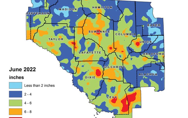 The Suwannee River Water Management District’s hydrologic conditions report for June shows most of the district received between two and six inchdes of rain in the month. (COURTESY)