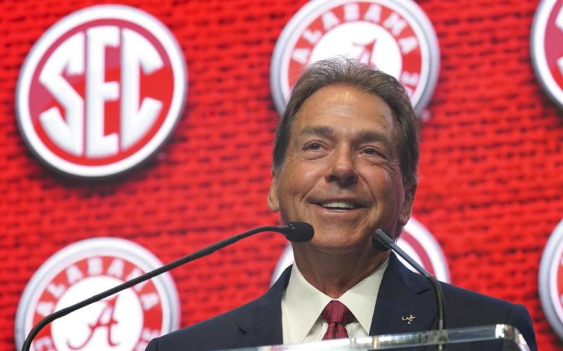 Alabama head coach Nick Saban speaks during SEC Media Days on Tuesday in Atlanta. (JOHN BAZEMORE/Associated Press)