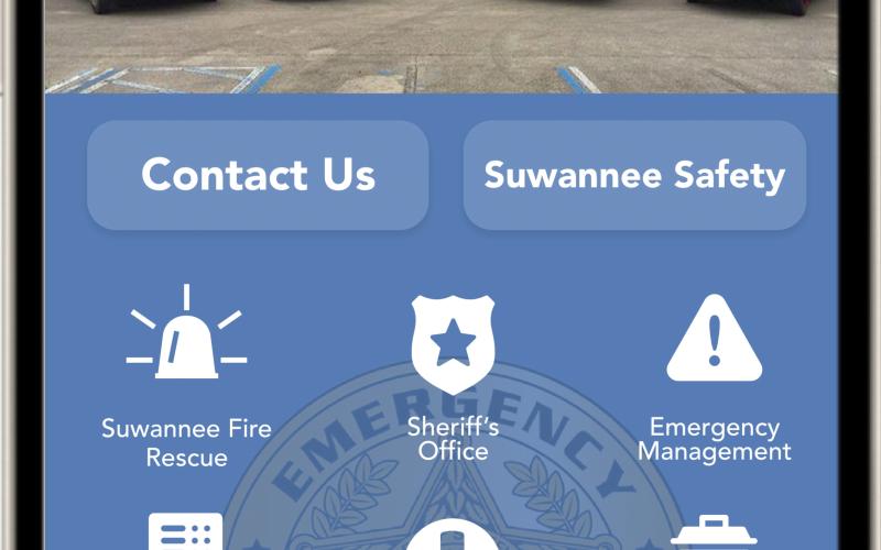 A concept for the proposed Suwannee Safe app shows the app’s different features. (COURTESY)