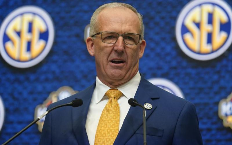 Southeastern Conference Commissioner Greg Sankey speaks during SEC Media Days on Monday in Atlanta. (JOHN BAZEMORE/Associated Press)