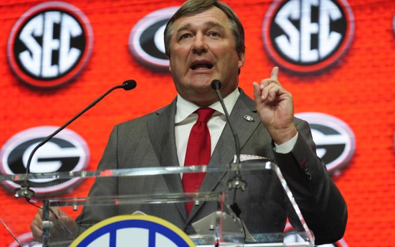 Georgia head coach Kirby Smart speaks during SEC Media Days on Wednesday in Atlanta. (JOHN BAZEMORE/Associated Press)