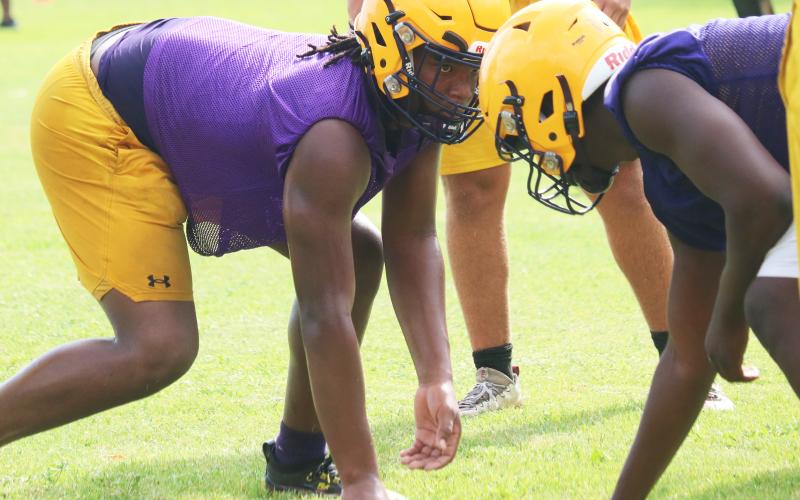 Columbia defensive end Rashod Bradley gets in his stance during a drill during Monday’s practice. (JORDAN KROEGER/Lake City Reporter)