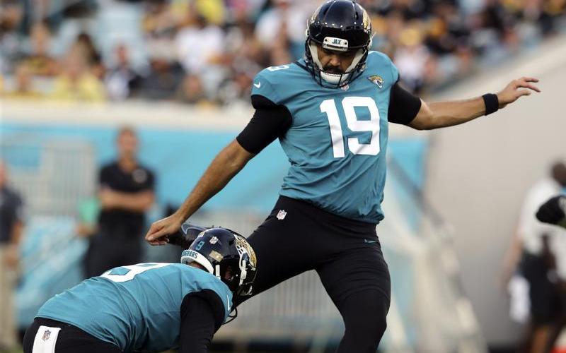 Jacksonville Jaguars place kicker Ryan Santoso kicks a field goal against the Pittsburgh Steelers during Saturday’s preseason game in Jacksonville. (GARY MCCULLOUGH/Associated Press)