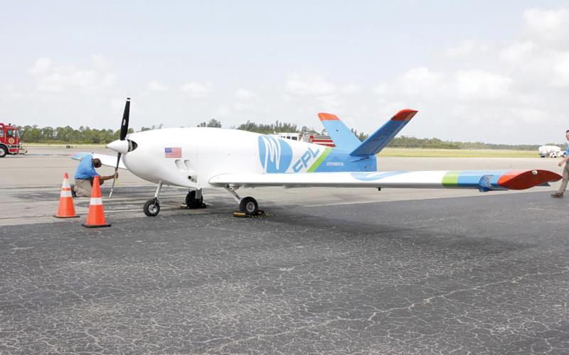 Florida Power and Light unveiled its new fixed-wing drone, FPLAir One, designed to fly into tropical storm force winds to help expedite power restoration Wednesday in West Palm Beach. (CODY JACKSON/Associated Press)