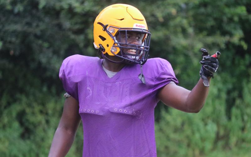 Columbia linebacker Jaden Robinson points to a teammate during Thursday’s practice. (JORDAN KROEGER/Lake City Reporter)