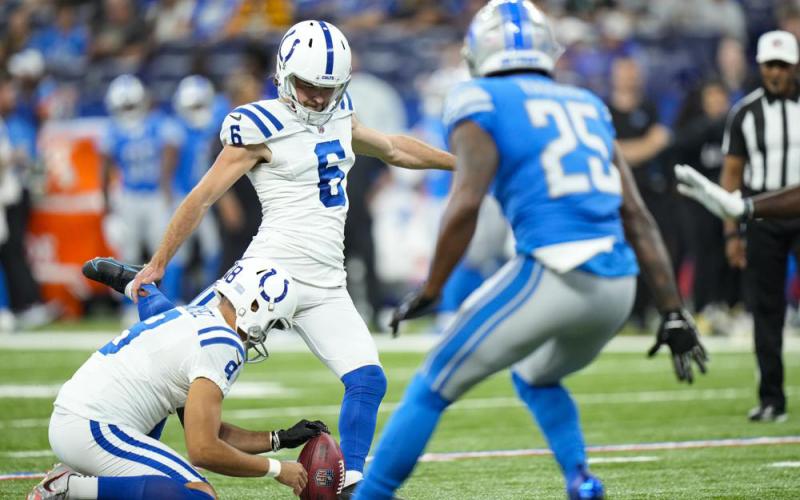 Indianapolis Colts place kicker Jake Verity kicks a field goal from the hold of Rigoberto Sanchez during first half of an NFL preseason football game against the Detroit Lions on Aug. 20 in Indianapolis. (AJ MAST/Associated Press)
