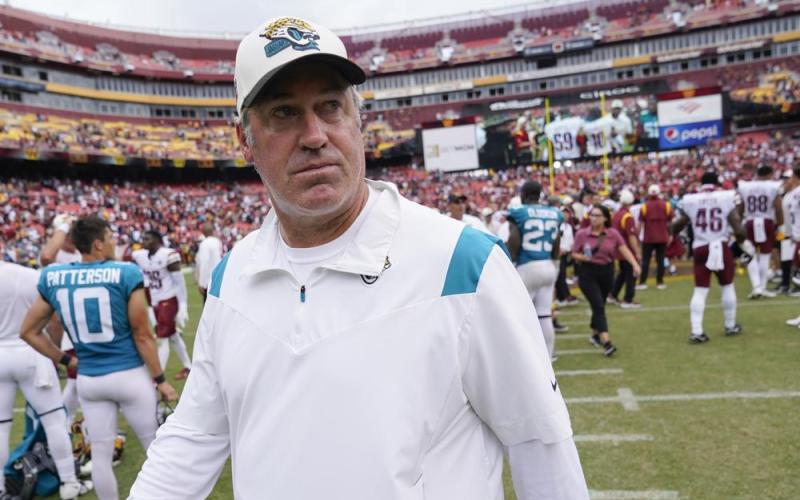 Jacksonville Jaguars head coach Doug Pederson walks off the field after Sunday’s game against the Washington Commanders in Landover, Md. (PATRICK SEMANSKY/Associated Press)