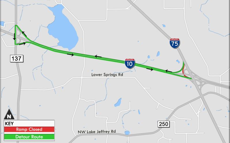A map shows the detour routes for motorists traveling between Interstate-75 and Interstate-10. (COURTESY)