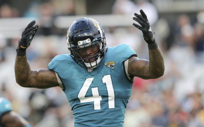 Jacksonville Jaguars linebacker Josh Allen celebrates a sack against the Pittsburgh Steelers during a preseason game on Aug. 20 in Jacksonville. (GARY MCCULLOUGH/Associated Press)
