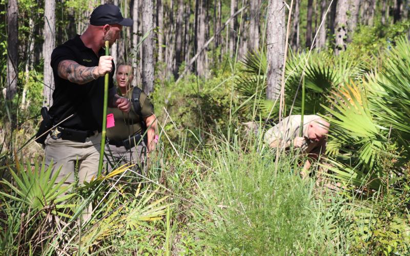 Detectives with the Columbia County Sheriff's Office investigate a wooded area near Baker County where skeletal remains were discovered Monday afternoon. (COURTESY COLUMBIA COUNTY SHERIFF'S OFFICE)