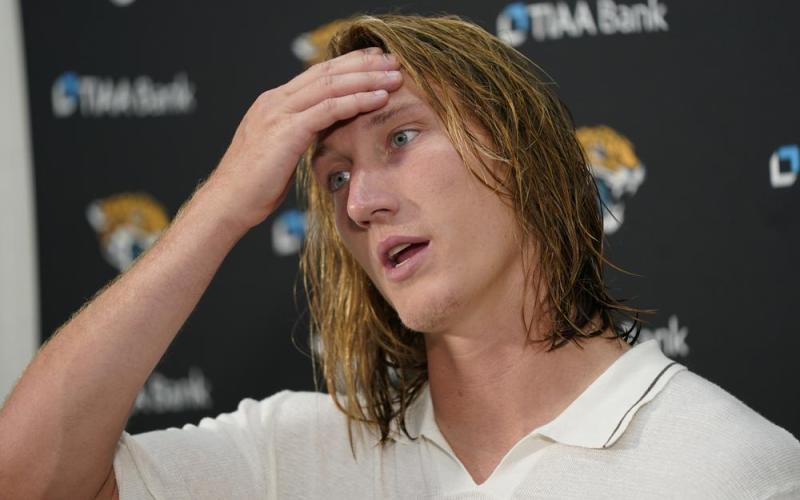 Jacksonville Jaguars quarterback Trevor Lawrence speaking to members of the media following Sunday's game against the Washington Commanders in Landover, Md. Washington won 28-22. (PATRICK SEMANSKY/Associated Press)