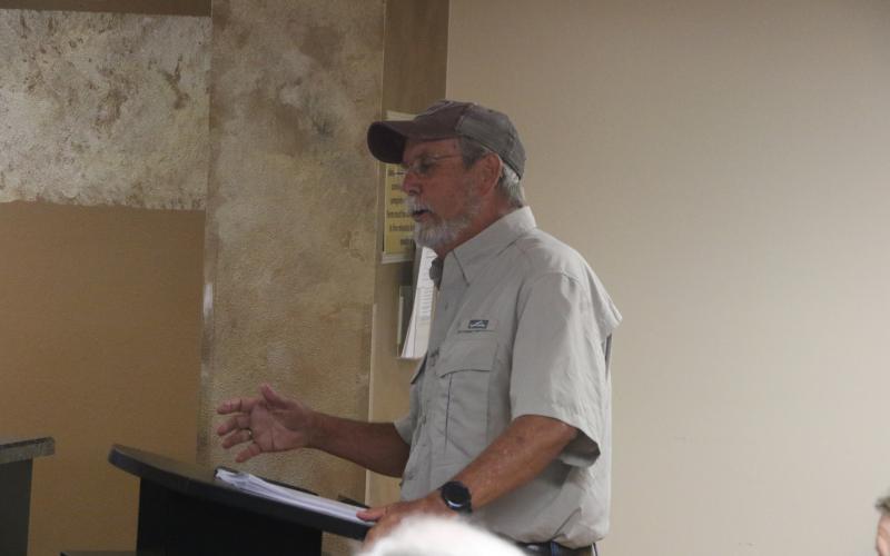 Columbia County Resources Inc. Vice President Mike Nelson makes his case to the Lake Shore Hospital Authority board to donate to the Tough Enough to Wear Pink campaign. (MORGAN MCMULLEN/Lake City Reporter)