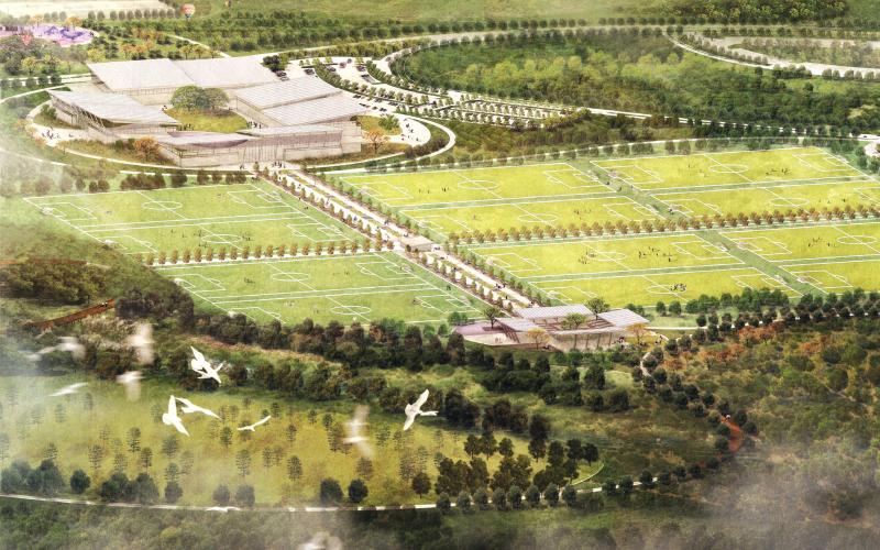 An artist’s rendering of the flatfields and ‘hub’ at the 500-acre park. (COURTESY)