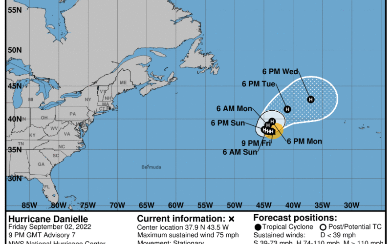 The National Oceanic and Atmospheric Administration released this graphic, forecasting Hurricane Danielle to continue an eastward trend, on Friday. (COURTESY NOAA)