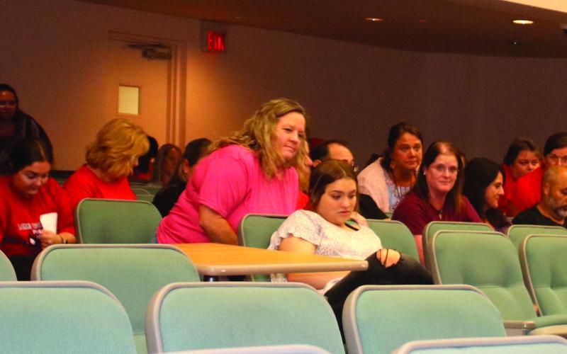 A number of veteran teachers in the Columbia County School District, and supporters, voiced their displeasure with pay at the Columbia County School Board meeting Tuesday night. (TONY BRITT/Lake City Reporter)