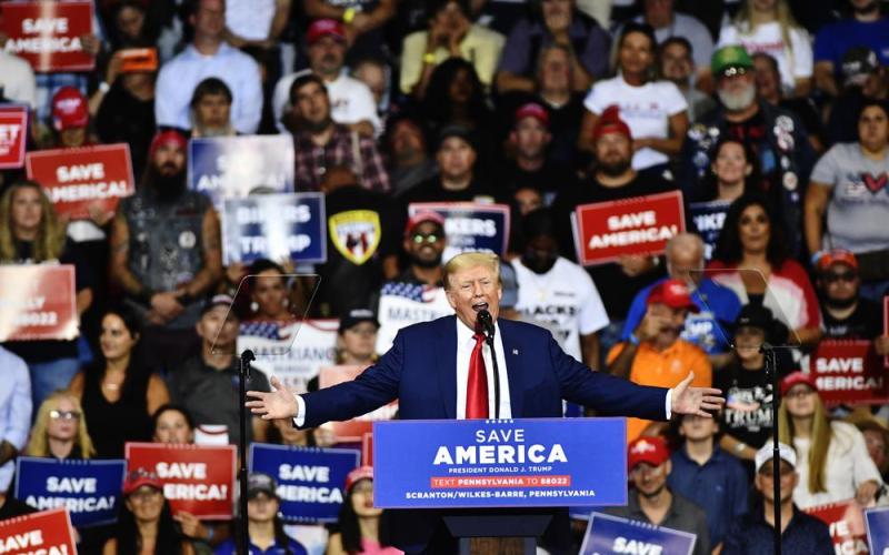 Former President Donald Trump speaks during a rally at the Mohegan Sun Arena in Wilkes-Barre Township, Pa. on Saturday. (SEAN MCKEAG/The Citizens’ Voice via AP)