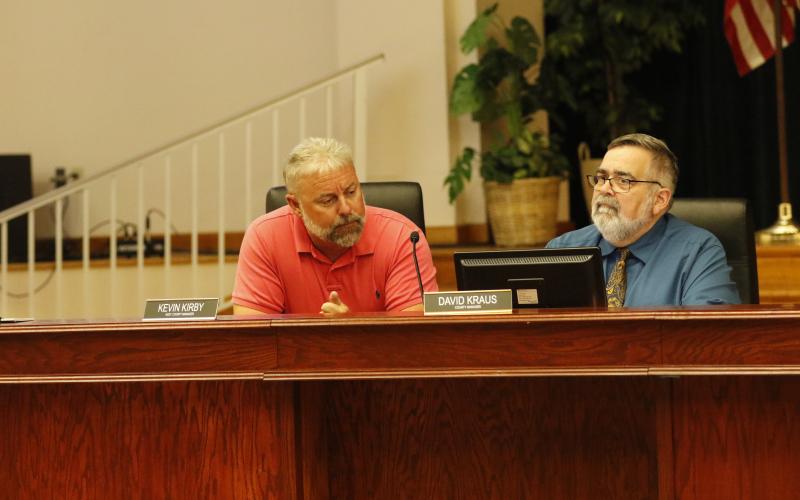 Columbia County Manager David Kraus (right) and Assistant Manager Kevin Kirby detailed the heated meeting with Sylvester Warren during Tuesday’s county commission meeting. (JAMIE WACHTER/Lake City Reporter)