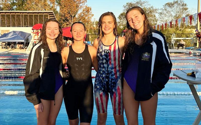 Columbia’s 200 medley relay team of Annie Glenn (from left), Calle Lones, Casey Fair and Izzy Glenn won on Thursday. (COURTESY)
