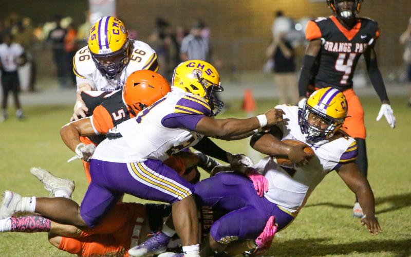 Columbia running back Tony Fulton scores a touchdown against Orange Park on Friday night. (BRENT KUYKENDALL/Lake City Reporter)