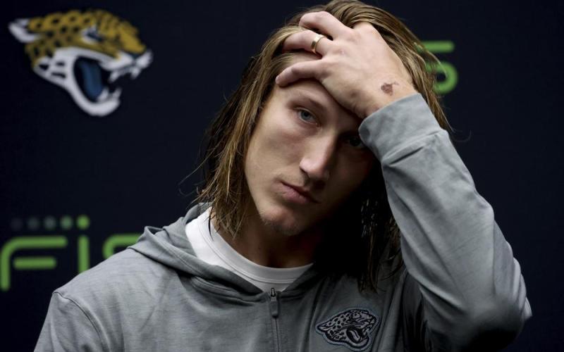 Jacksonville Jaguars quarterback Trevor Lawrence reacts during a press conference after Sunday's game against Denver Broncos at Wembley Stadium in London. Jaguars lost by 17-21. (IAN WALTON/Associated Press)