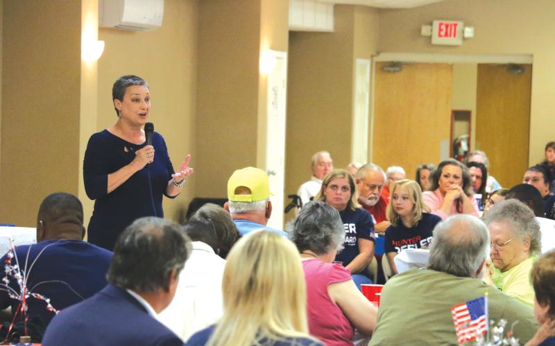 School board candidate Elizabeth Porter speaks during a GOP rally at the Florida Gateway Fairgrounds in July. (FILE)