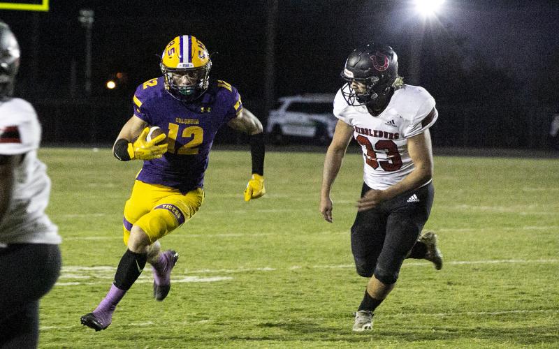 Columbia receiver Camdon Frier runs up the field after a catch against Middleburg on Friday. (JEN CHASTEEN/Special to the Reporter)