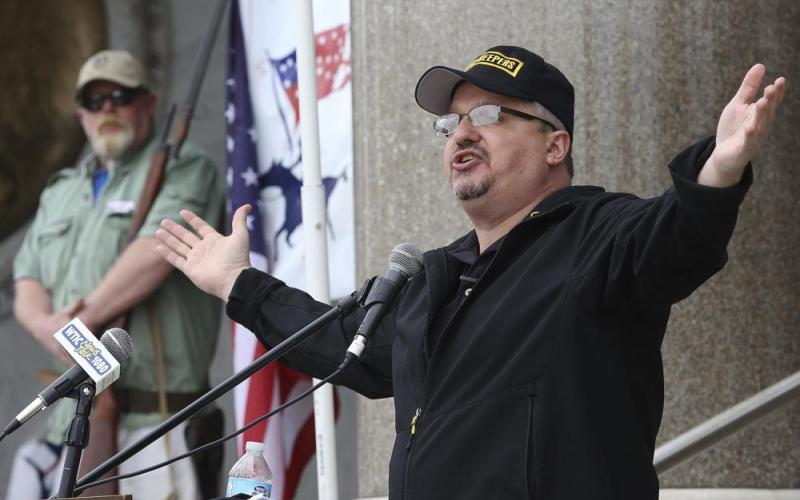 Stewart Rhodes, the founder of Oath Keepers, speaks during a gun rights rally at the Connecticut State Capitol in Hartford, Conn., April 20, 2013. (JARED RAMSDELL/Journal Inquirer via AP)