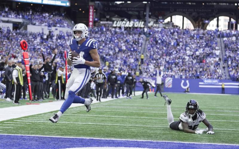 Indianapolis Colts receiver Alec Pierce makes a touchdown reception against Jacksonville Jaguars defensive back Shaquill Griffin during Sunday's game in Indianapolis. (AJ MAST/Associated Press)