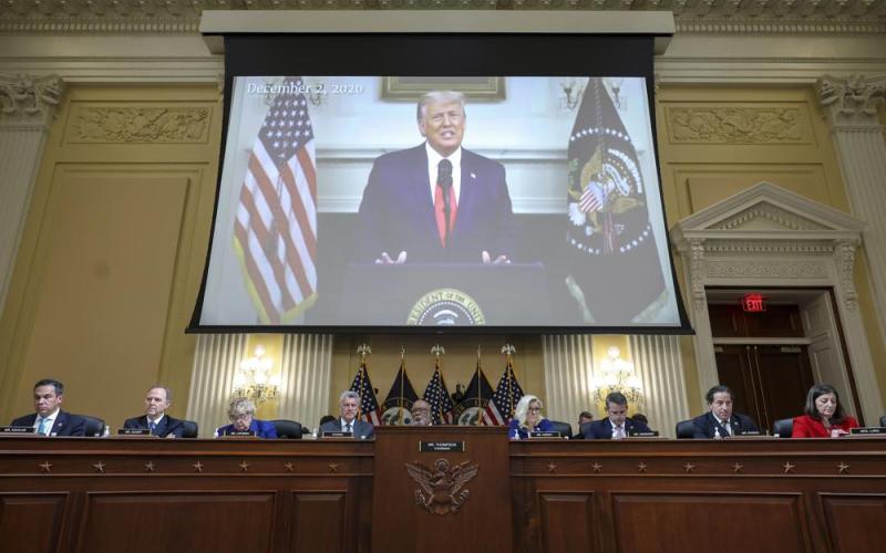 A video of then-President Donald Trump speaking is displayed as the House select committee investigating the Jan. 6 attack on the U.S. Capitol holds a hearing on Thursday. (ALEX WONG/Pool Photo via AP)