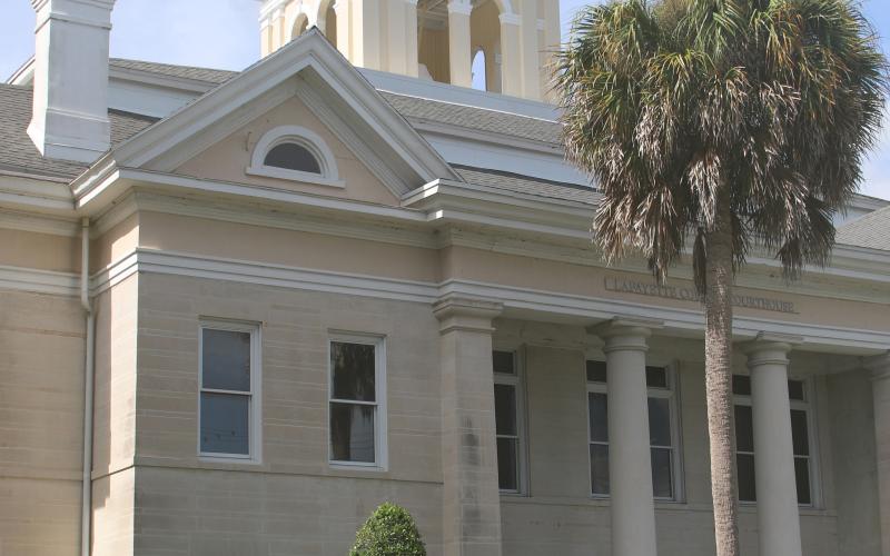 The Lafayette County Courthouse has some rotten wood on the front that needs addressed before it gets washed and repainted. (FILE)
