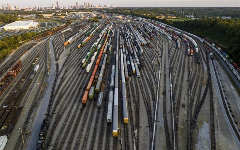 Freight train cars sit in a Norfolk Southern rail yard on Sept. 14, 2022, in Atlanta. Business groups are increasing pressure on lawmakers to intervene and block a railroad strike before next month’s deadline in stalled contract talks. (AP File)