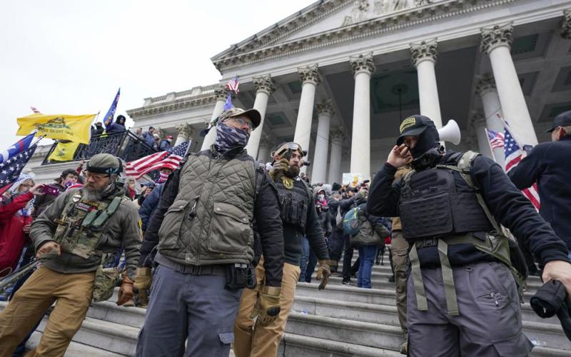Members of the Oath Keepers on the East Front of the U.S. Capitol on Jan. 6, 2021, in Washington. (AP FILE)