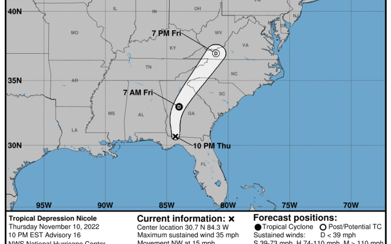 Current projected path of Tropical Storm Nicole. (COURTESY/NOAA)
