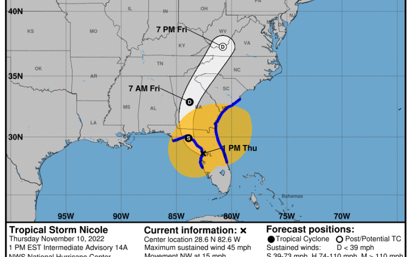 Tropical Storm Nicole’s projected path as of 1 p.m. Thursday. (COURTESY/NOAA)
