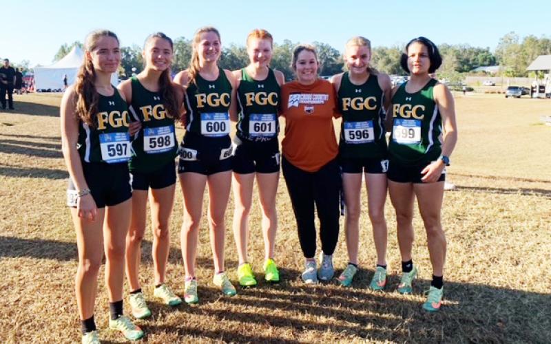 FGC placed 11th at the NJCAA cross country championship on Saturday. Pictured are team members Kyla Desmartin (from left), Kayla Desmartin, Ashlyn Speigner, Morgan Wilson, Fallon Flynn, Ariel Anderson and Merlin Leal. (COURTESY)