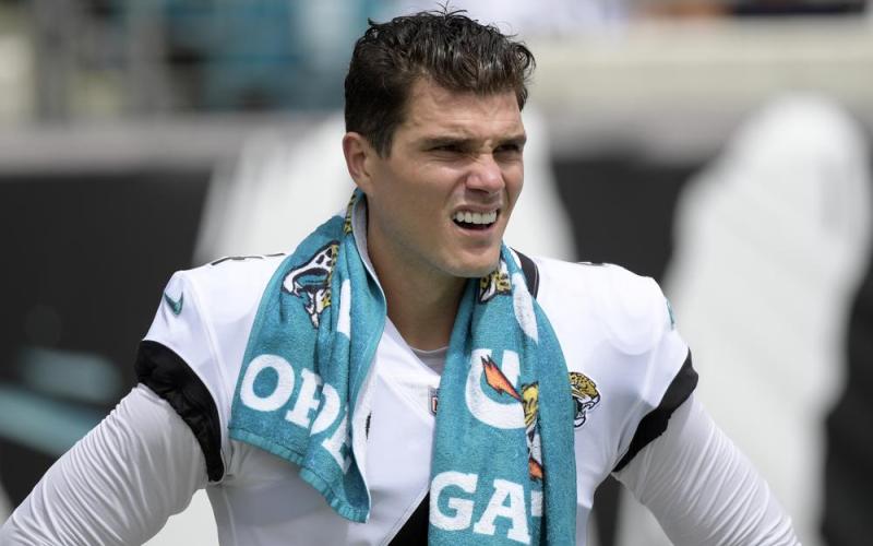Jacksonville Jaguars place kicker Josh Lambo watches from the sideline during a game against the Denver Broncos on Sept. 19, 2021, in Jacksonville. (PHELAN M. EBENHACK/Associated Press)