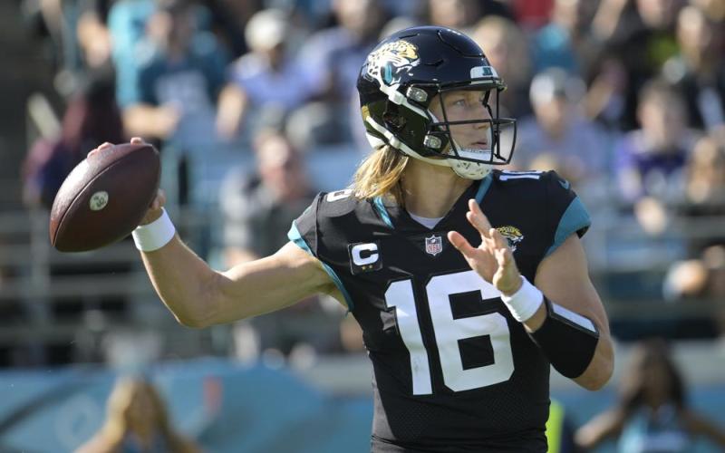 Jaguars quarterback Trevor Lawrence throws a pass Sunday's game against the Baltimore Ravens in Jacksonville. (PHELAN M. EBENHACK/Associated Press)