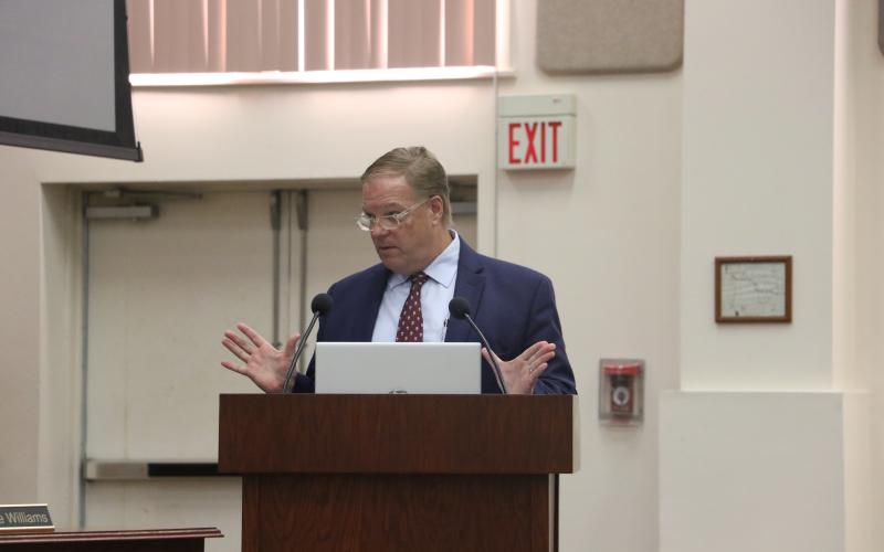 Don Savoie, CEO of Meridian Behavioral Healthcare, discussed bringing a mental health and substance abuse treatment clinic to the Lake Shore Hospital campus at Tuesday’s meeting. (MORGAN MCMULLEN/Lake City Reporter)