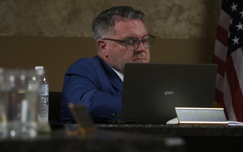 Lake Shore Hospital Authority attorney Fred Koberlein listens during the authority’s meeting Monday night. (MORGAN MCMULLEN/Lake City Reporter)