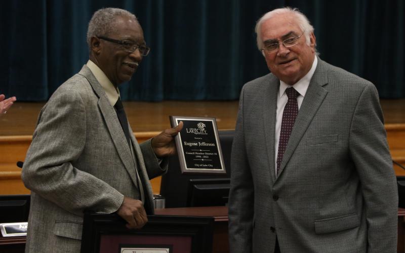 Eugene Jefferson was honored Monday for his 24 years on the Lake City Council. Jefferson received a plaque and a framed proclamation from Mayor Stephen Witt for his service at the start of the council’s meeting. (MORGAN MCMULLEN/Lake City Reporter)